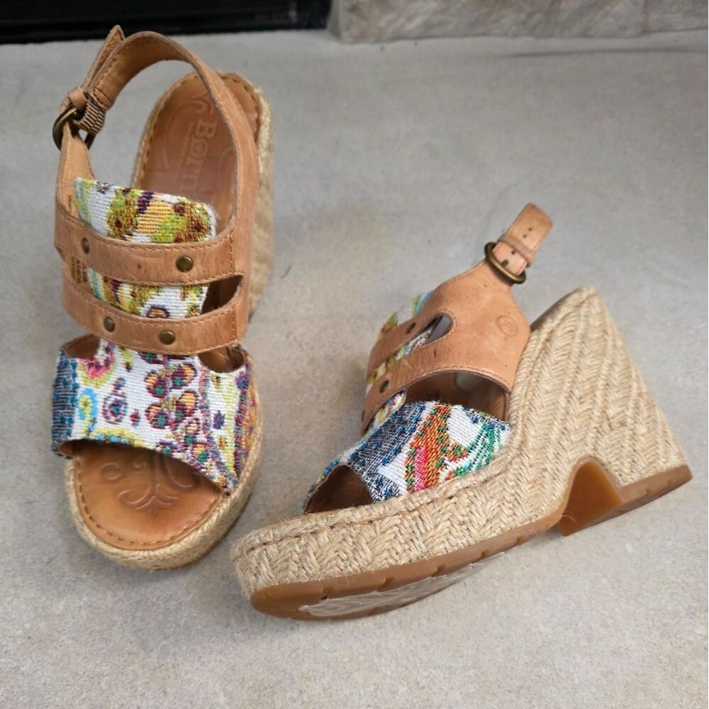 Born Brewster Platform Wedge Tapestry Leathe Jute Heel Sandal Women Size 6M